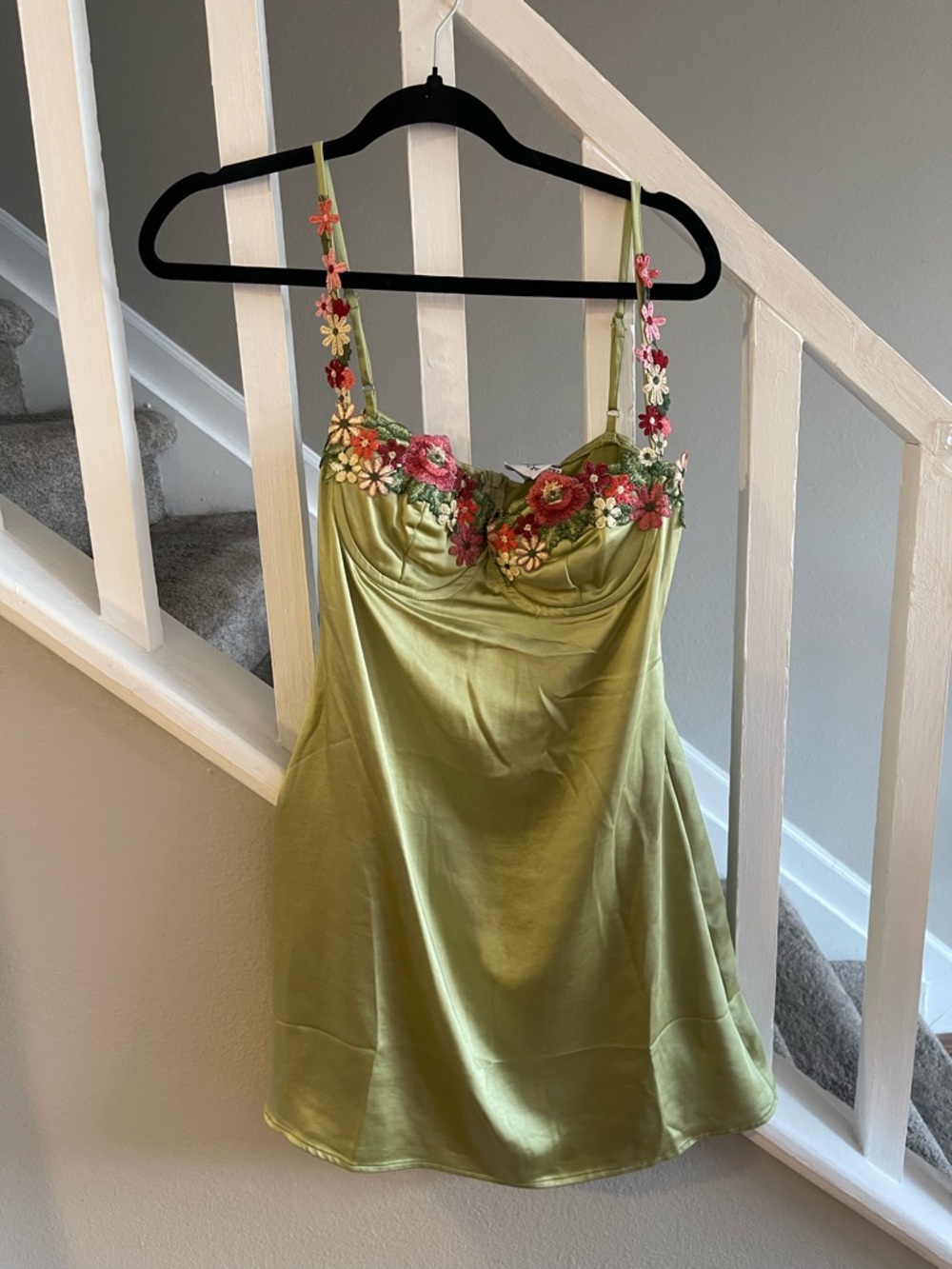 Princess Polly Olive Satin Mini Dress with Floral Embroidery - Picture 4 of 5